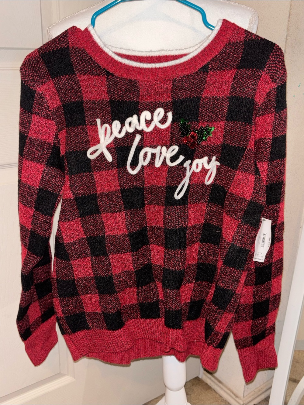 Holiday Time Red and Black Plaid 'Peace Love Joy' Crewneck Sweater